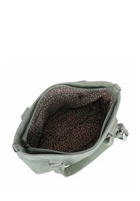 Borsa verde con un'esterno strutturato, chiusura con zip e un interno marrone caratterizzato da un motivo maculato. Include una tasca con zip per l'organizzazione.