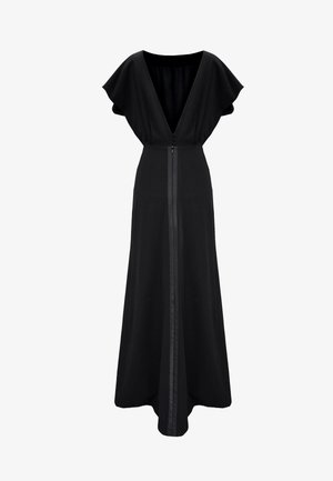 Czarna maxi sukienka z głębokim dekoltem w kształcie litery V, falbaniastymi rękawami i suwakiem z przodu. Wykonana z gładkiego materiału o swobodnym kroju.