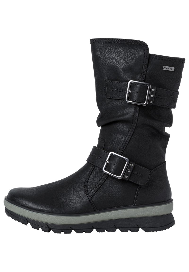 Botas de cuero negro hasta la pantorrilla con un acabado texturizado, que presentan dos hebillas plateadas y una suela gruesa gris para mayor tracción.
