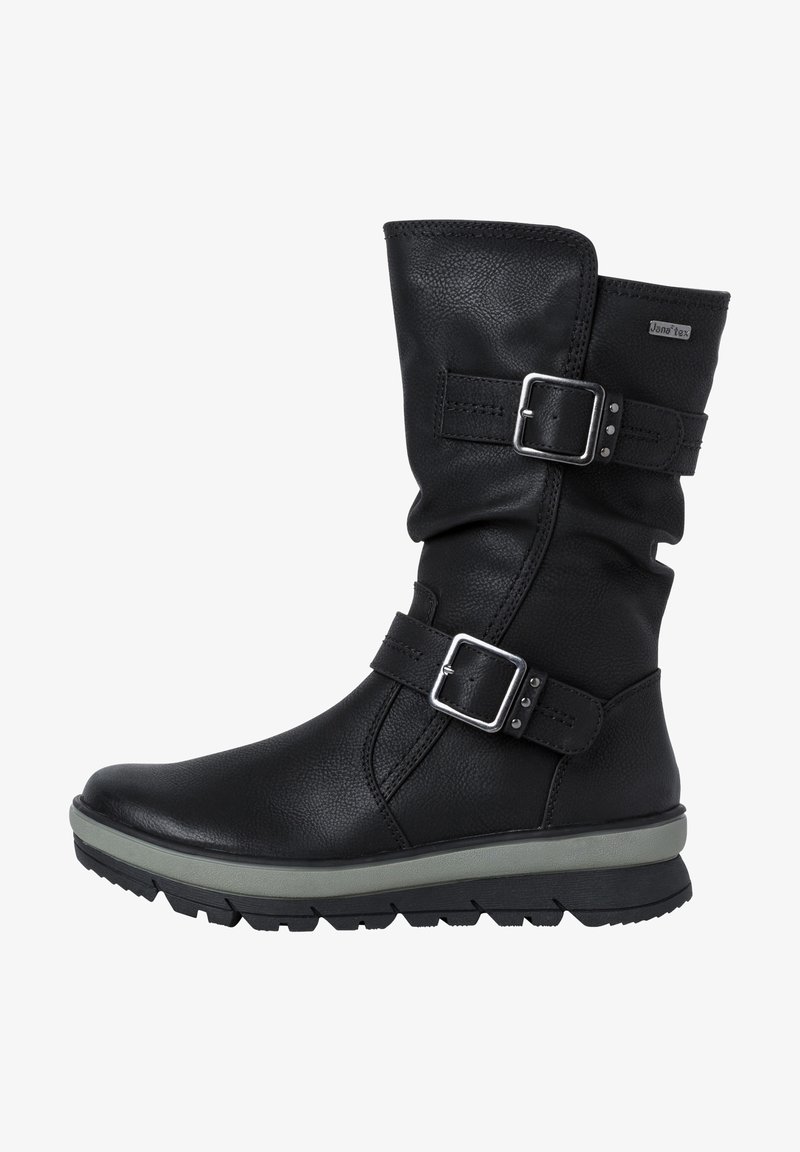 Botas de cuero negro hasta la pantorrilla con un acabado texturizado, que presentan dos hebillas plateadas y una suela gruesa gris para mayor tracción.