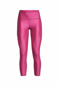 Leggings aderenti in vita alta di un brillante colore rosa, realizzati con un tessuto liscio ed elastico con una finitura lucida e senza motivi o componenti visibili.