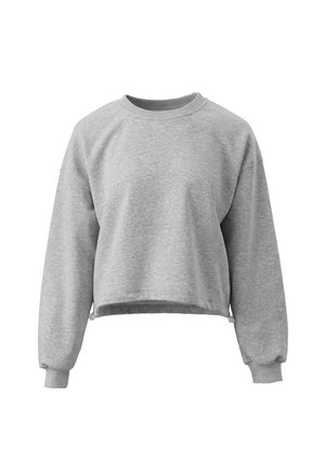 Lysegrå cropped sweatshirt med lange ærmer, ribmanchetter og rund hals, vist på en hvid baggrund.