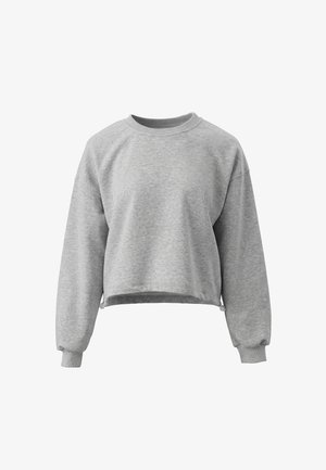 Felpa corta a maniche lunghe grigio chiaro con polsini a coste e scollo a girocollo, mostrata su uno sfondo bianco semplice.