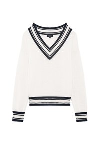 Maglione a V in bianco con accenti a strisce blu al colletto e all'orlo. Tessuto a maglia con maniche lunghe e vestibilità comoda.