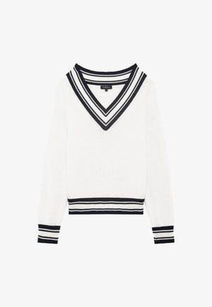 Suéter de cuello en V en blanco con acentos a rayas en azul marino en el cuello y el dobladillo. Textura de punto con mangas largas y corte holgado.