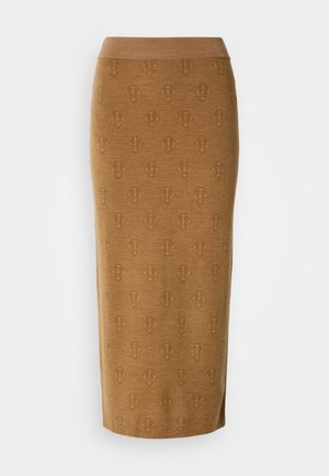 Falda de punto marrón con un diseño ajustado y un sutil patrón texturizado. Presenta una cinturilla elástica y una silueta recta.