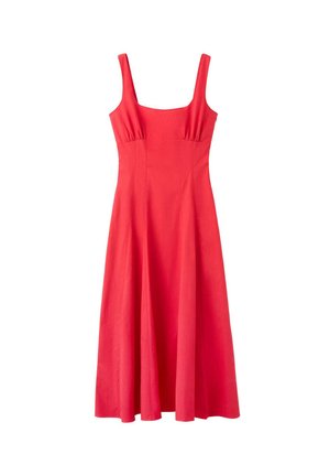 Vestido midi rojo sin mangas con escote cuadrado y corpiño ajustado, que se abre en una falda línea A.