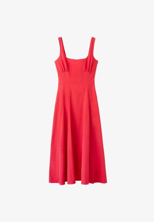 Rotes ärmelloses Midikleid mit quadratischem Ausschnitt und tailliertem Oberteil, das in einen ausgestellten A-Linien-Rock übergeht.