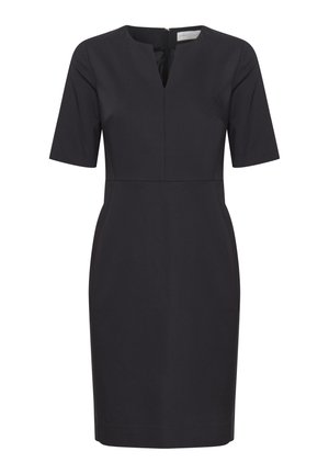 Melnas kleitas ar īsām piedurknēm, V veida kakla izgriezumu un pieguļošu jostasvietu. Izgatavota no gludas auduma, ar vieglu spīdumu un aizmugures rāvējslēdzēja aizdari.