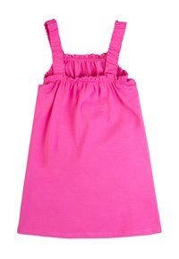 Vestito senza maniche di colore rosa, realizzato in morbido cotone. Presenta spalline a volants e un corpetto elasticizzato per il massimo comfort. Design svasato con un orlo semplice.