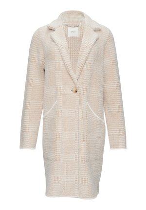 Lang, geruite jas in lichtbeige en crèmekleuren, gemaakt van een zachte wolmix, met een opstaande kraag, sluiting met één knop en twee zakken.