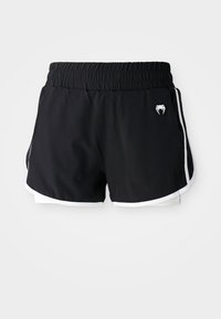 Shorts de sport noirs avec une taille élastique, des rayures blanches contrastantes sur les côtés et un petit logo près de la taille. Finition en tissu lisse.