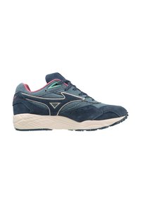 Sneaker scura in suede blu con tomaia in tessuto testurizzato, dettagli rosa e verdi, e una suola intermedia bianca. Presenta una suola ammortizzata per il comfort.