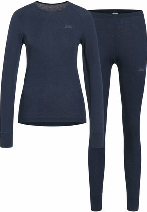 Navy Thermo-Oberteil und Leggings-Set, langärmlig, weicher Stoff, figurbetontes Design, mit dezentem Markenlogo auf beiden Teilen, leichtes Material.