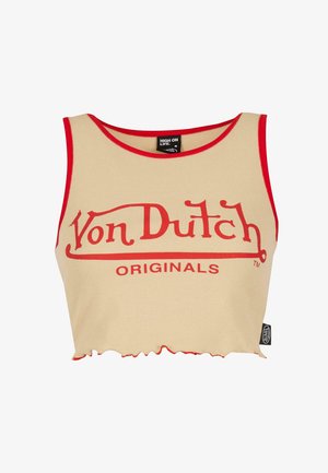 Top bej scurt cu margini roșii, având un mare logo "Von Dutch" în text roșu și un tiv cu margine ondulată.