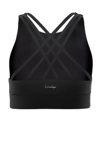 Black sports bra with multiple thin crisscross straps on the back and a wide elastic band at the bottom featuring a small logo.