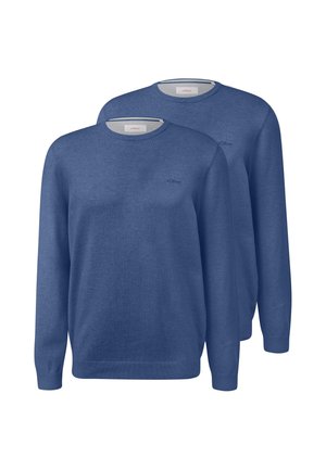 Due maglioni blu a manica lunga con scollo rotondo, con polsini e orlo a coste, posizionati uno dietro l'altro su sfondo bianco.