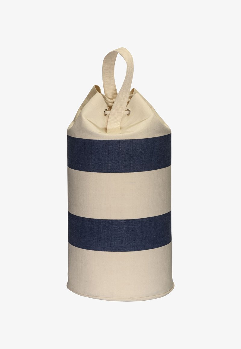 Baumwoll-Aufbewahrungstasche mit cremefarbenen und dunkelblauen horizontalen Streifen, runder Form, Zugbandverschluss und einem stabilen Griff.
