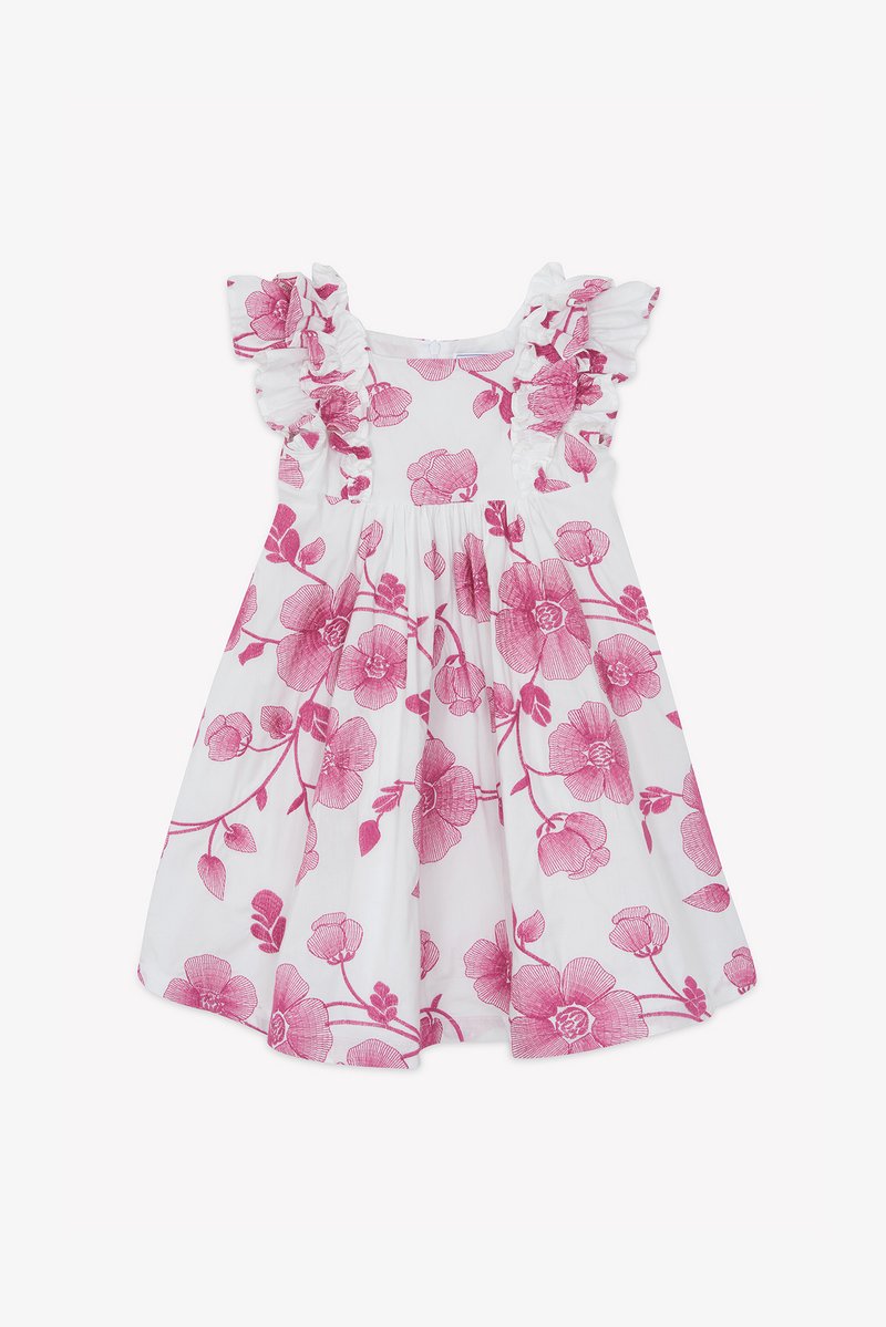 Λευκό φόρεμα με ροζ floral σχέδιο και βολάν στους ιμάντες των ώμων. Το ύφασμα είναι ελαφρύ, με κοντόσφιγκο στη μέση και φούστα που φουντώνει.
