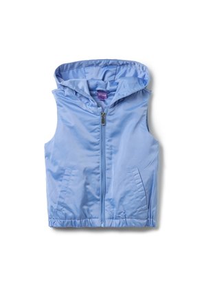 Gilet azzurro chiaro senza maniche con cappuccio, cerniera frontale e due tasche laterali, disteso su uno sfondo bianco.
