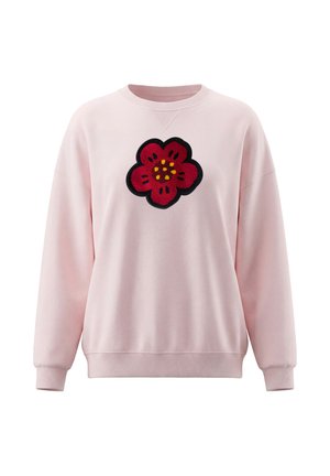 Felpa rosa chiaro a maniche lunghe con un grande motivo floreale rosso e nero al centro del petto.