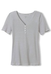 Gestreept shirt van zachte stof, met een V-halslijn, korte mouwen, drie knopen aan de voorkant en afwisselend zwarte en witte strepen.