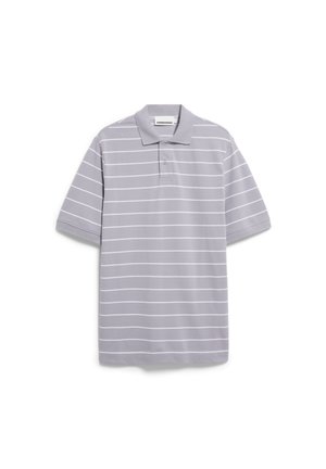 Grijze polo met witte horizontale strepen, korte mouwen en een klassieke kraag. Gemaakt van zachte stof, met een standaard pasvorm.