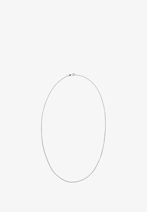 Silberne Kettenhalskette mit einem glatten, runden Design. Sie verfügt über eine zarte Textur und einen sicheren Verschluss auf der Rückseite.