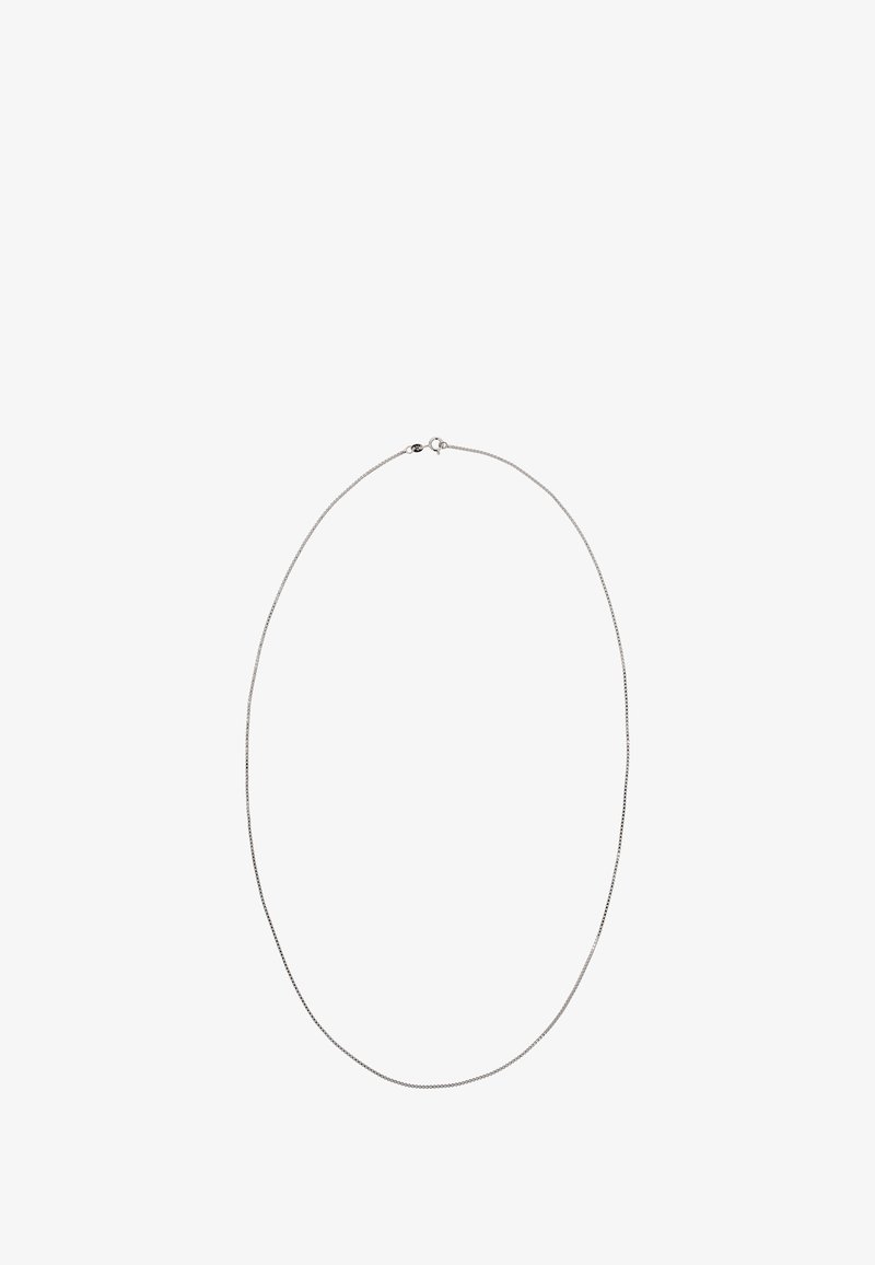 Sølv kædehalskæde med et glat, rundt design. Det har en delikat tekstur og en sikker lukkemekanisme bagpå.