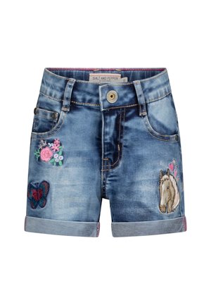 Denim kinder-short met geborduurde roze bloemen, een vlinder en een paard met hartjes op de voorkant zakken, met knoopsluiting en opgerolde mouwen.