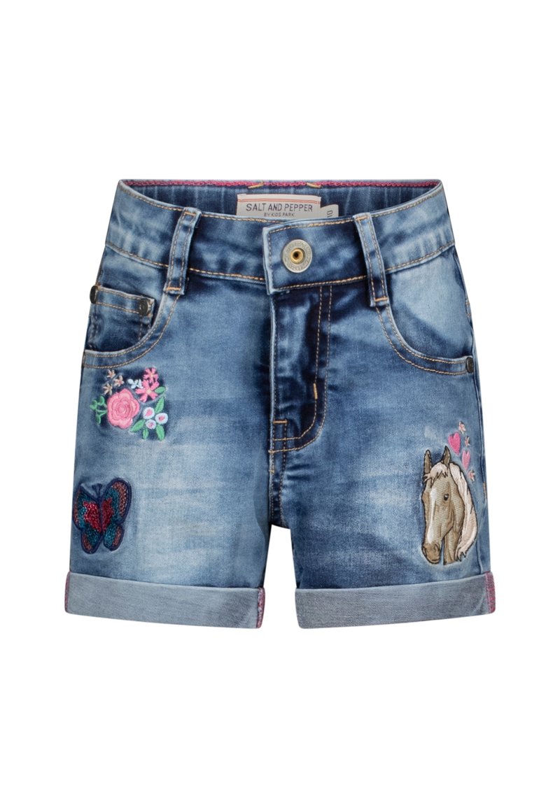 Denimshorts för barn med broderade rosa blommor, fjäril och häst med hjärtan på frampocketarna, knappstängning och uppvikta fållar.