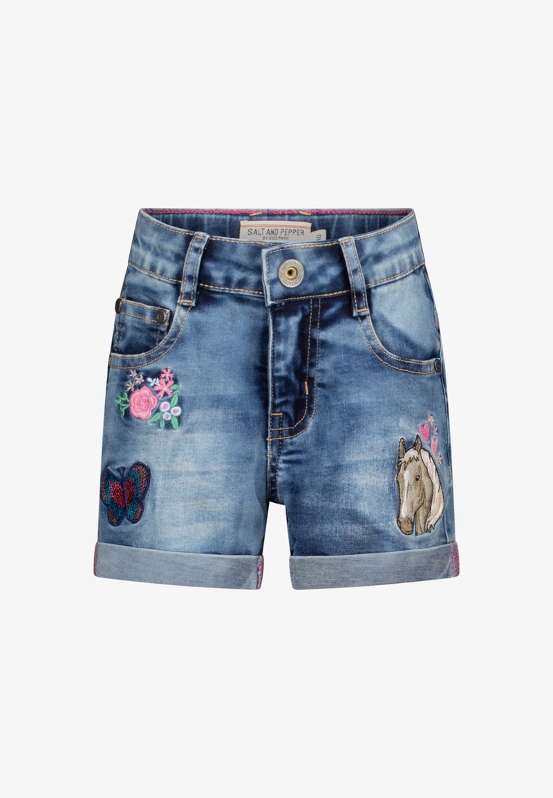 Denimshorts för barn med broderade rosa blommor, fjäril och häst med hjärtan på frampocketarna, knappstängning och uppvikta fållar.