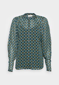 Genomskinlig skjorta med knappar i mörkgrön, med ett geometriskt blått diamantmönster, långa ärmar och en rund krage med subtil plissering.