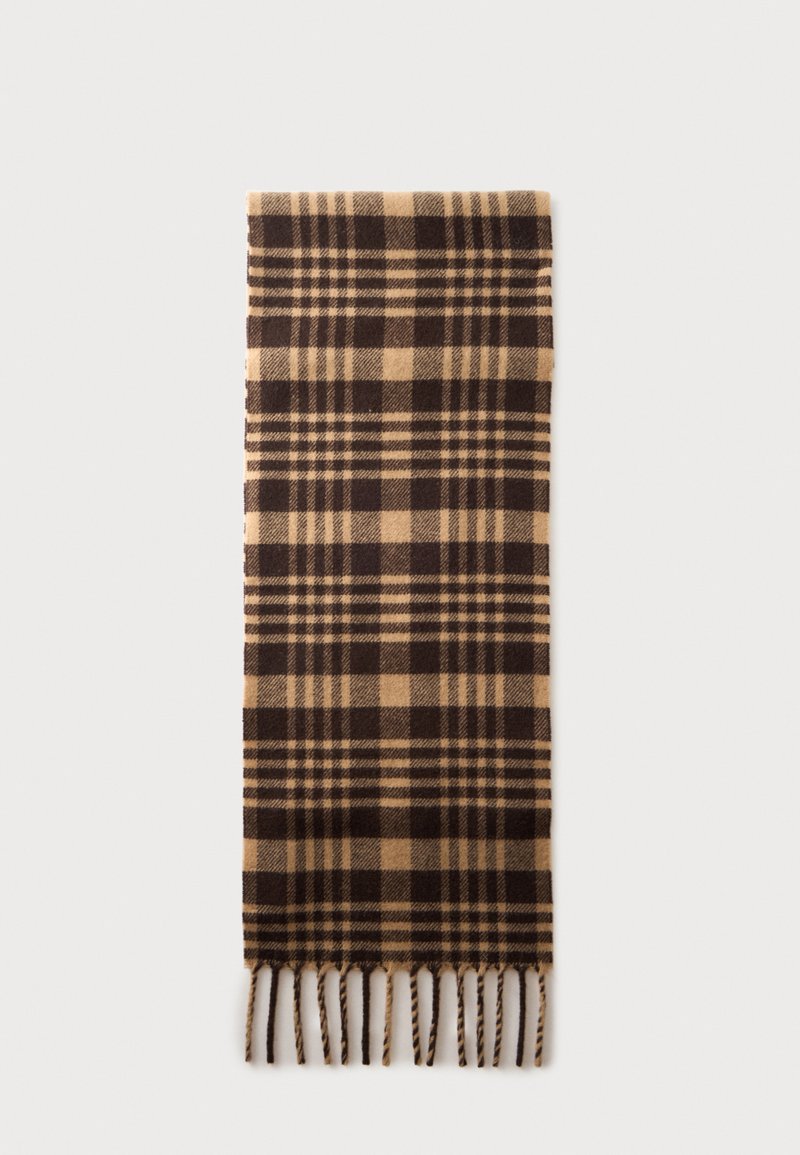 Écharpe à carreaux marron et beige avec des extrémités frangées, posée à plat sur un fond clair.