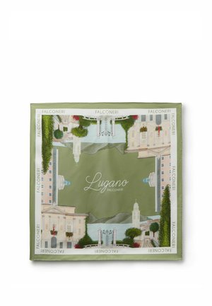 Zijden sjaal met illustraties van bezienswaardigheden in Lugano, groen en decoratieve poorten op olijfgroene achtergrond, merk "Falconeri."