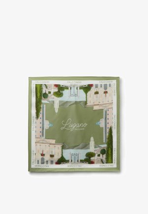 Jedwabny szalik z ilustracjami zabytków Lugano, zieleni i ozdobnych bram na oliwkowo-zielonym tle, marki "Falconeri."