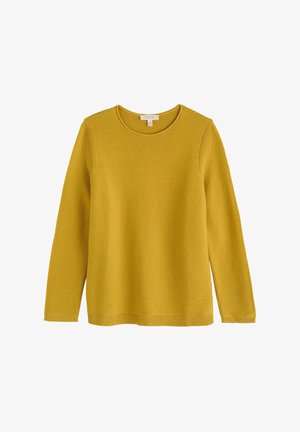 Top de manga larga de color amarillo mostaza con textura acanalada y cuello redondo, que presenta un ajuste estándar y puños y dobladillo acanalados.