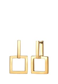 Boucles d'oreilles carrées dorées avec un dessus rectangulaire plat, surface lisse et design carré ouvert. Style minimaliste et géométrique.