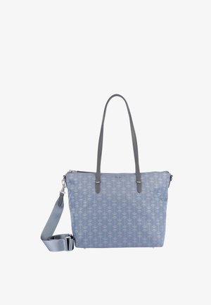Lichtblauwe totebag met een klein wit bloemenpatroon, grijze lange hengsels en een afneembare verstelbare schouderriem.