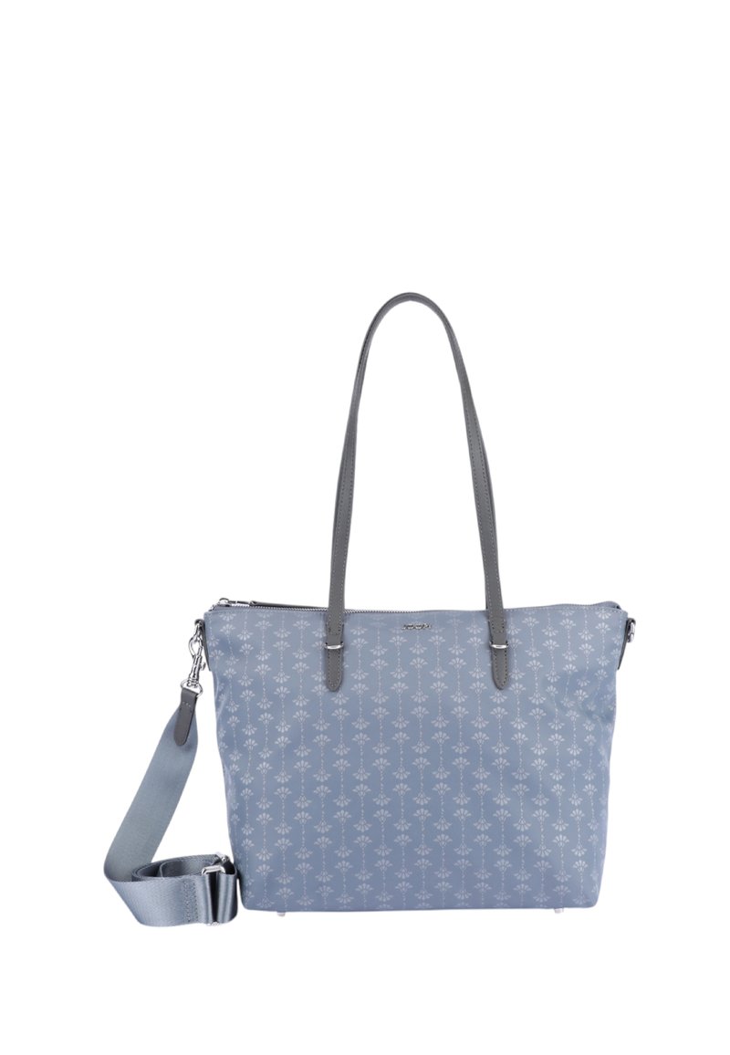 Borsa tote azzurra chiara con un piccolo motivo floreale bianco, manici lunghi grigi e tracolla staccabile e regolabile.