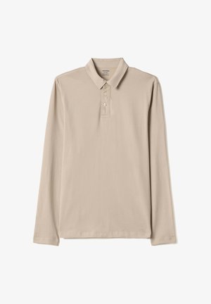 Beige langärmeliges Poloshirt mit Kragen und dreiknöpfiger Blende, Regular Fit, aus weichem Stoff gefertigt.