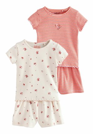 Twee-delig kinderoutfit, bestaande uit een kortemouwige, witte top met een klein bloemenpatroon en een gestreepte, rode top met geschulpte zoom.