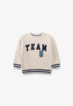 Cremefarbener Sweatshirt mit marineblauer "TEAM"-Beschriftung und der Nummer "5". Verfügt über gerippte Bündchen und Saum mit gestreiften Akzenten. Weiche Stoffstruktur.