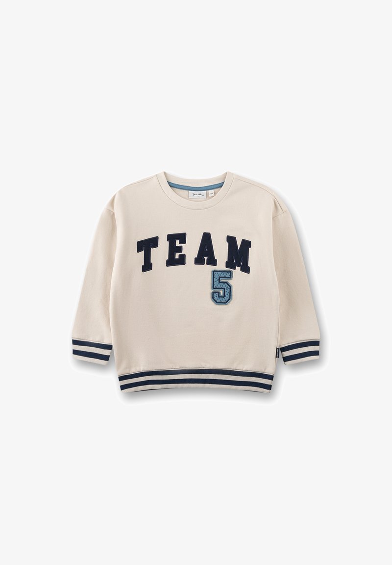 Cremefarbener Sweatshirt mit marineblauer "TEAM"-Beschriftung und der Nummer "5". Verfügt über gerippte Bündchen und Saum mit gestreiften Akzenten. Weiche Stoffstruktur.