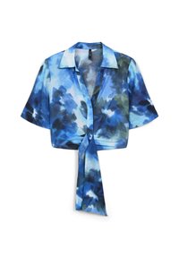 Camicetta corta a maniche corte con motivo ad acquerello blu e verde. Presenta un colletto e una parte anteriore annodata. Realizzata in tessuto leggero e leggermente trasparente.