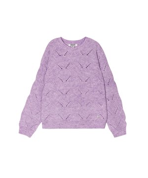 Maglione a maglia lilla con un motivo testurizzato caratterizzato da forme geometriche, polsini a coste e scollo a girocollo. Etichetta centrale visibile sul collo.