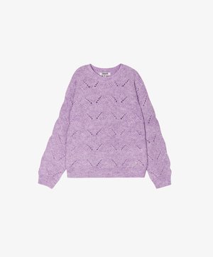 Maglione a maglia lilla con un motivo testurizzato caratterizzato da forme geometriche, polsini a coste e scollo a girocollo. Etichetta centrale visibile sul collo.