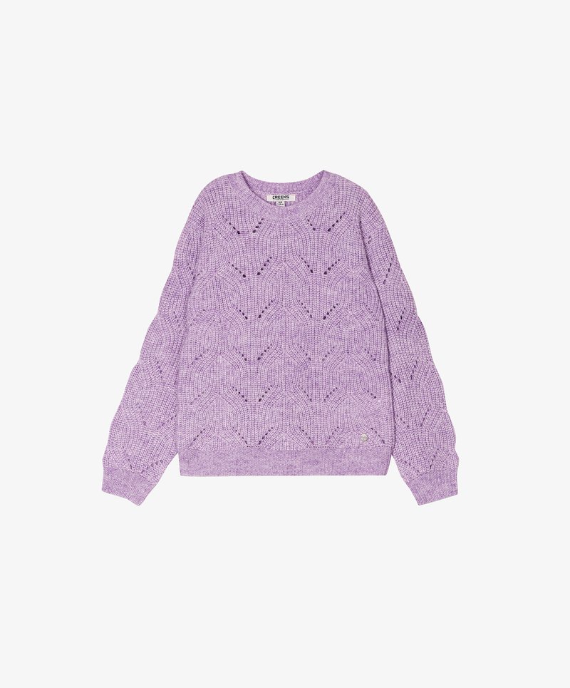 Maglione a maglia lilla con un motivo testurizzato caratterizzato da forme geometriche, polsini a coste e scollo a girocollo. Etichetta centrale visibile sul collo.