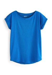 Blå bomulds T-shirt med rund halsudskæring og korte, oprullede ærmer. Designet er minimalistisk med en lige kant og ingen synlige logoer.
