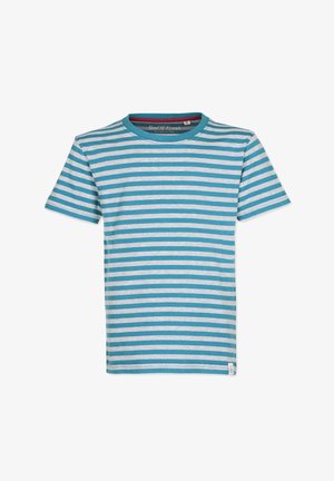 Kortærmet t-shirt med skiftende turkise og grå vandrette striber, lavet af blødt bomuld med rund halsudskæring.